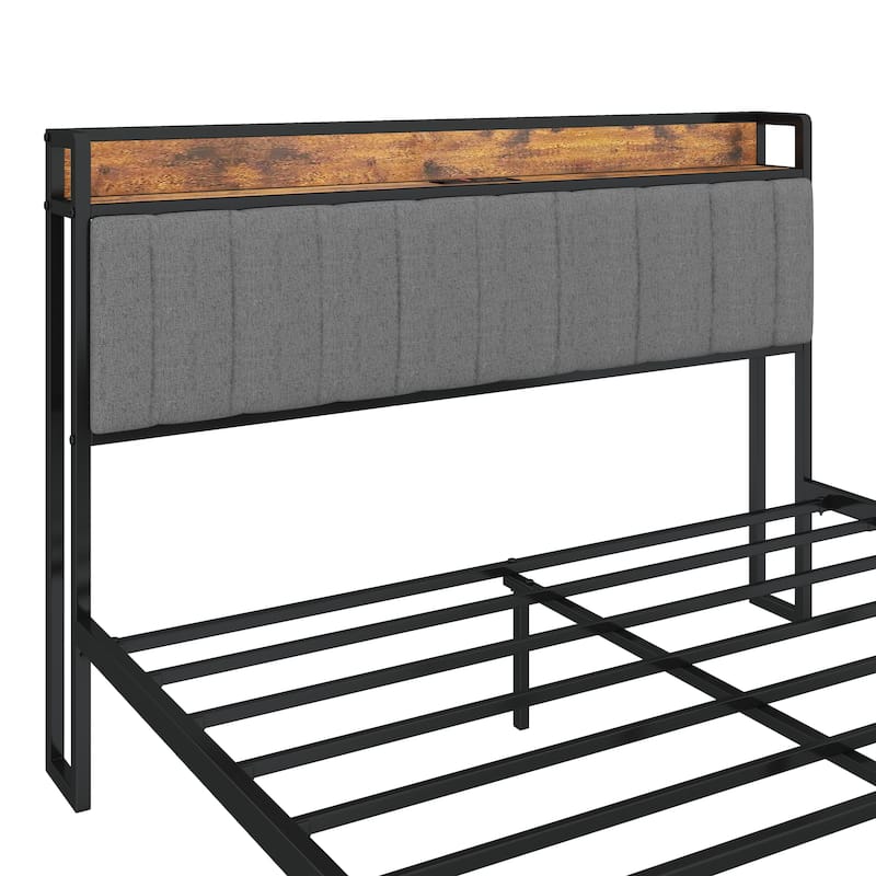 Dark Gray Queen Size American Metal Platform Bed with Charging Station & Upholstered Headboard