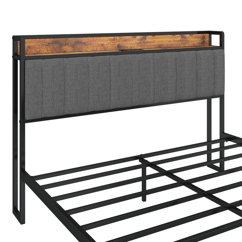 Sturdy Full/Queen Bed Frame with Charging Ports, Grey Upholstered Headboard & Under-Bed Storage