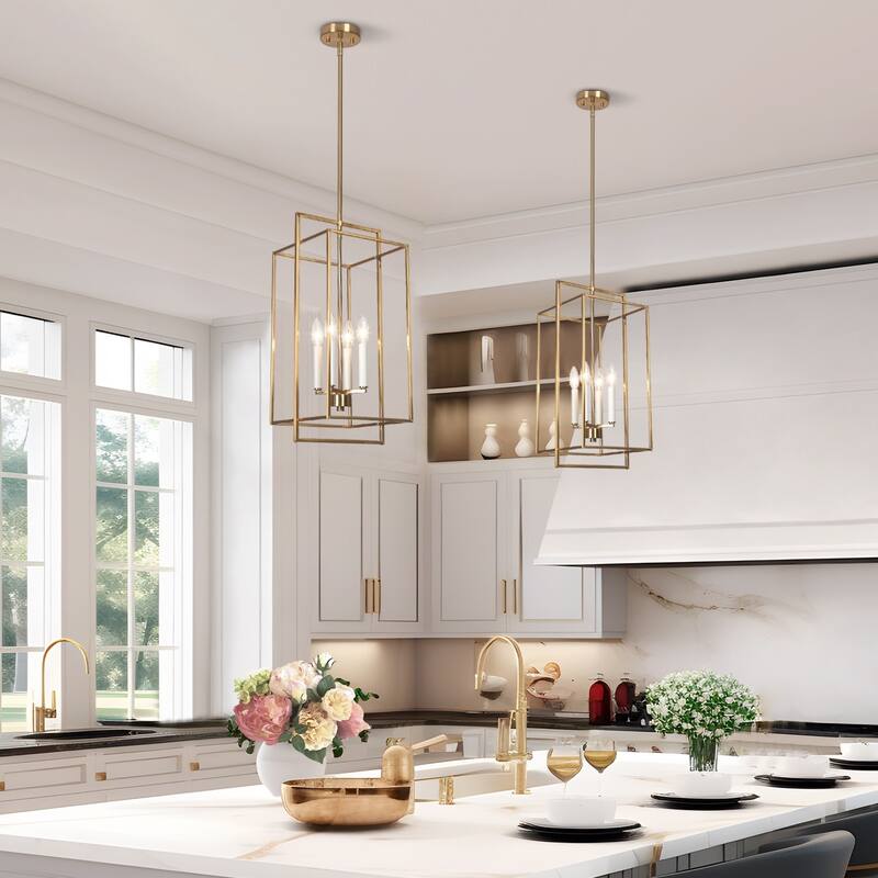 Dilley Mid-century Modern Gold 4-Light Lantern Chandelier Foyer Island Pendant for Dining Room - Soft Gold