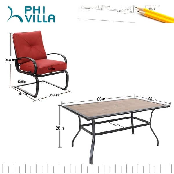 dimension image slide 0 of 2, Phi Villa 7-piece Outdoor Patio Dining Table, 6 Padded C Spring Chairs and 1 Wood-like Table