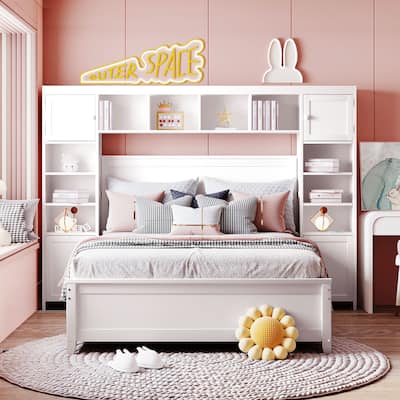 Full Size All-in-One Wood Upholstered Bed w/ Cabinet Platform Bed Frame & Shelf Storage Bed No Box Spring Required, Space-Saving