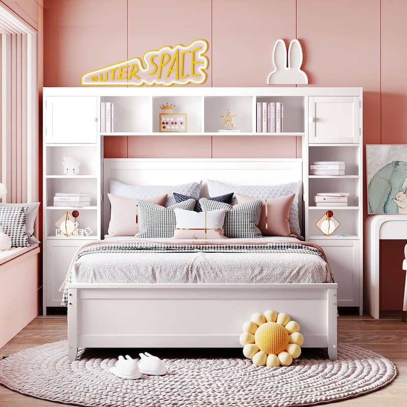 Full Size Platform Bed with All-in-One Cabinet and Shelf, Wooden Full Beds Frame with 4 Storage Drawers and Bookcase Headboard - White - Full