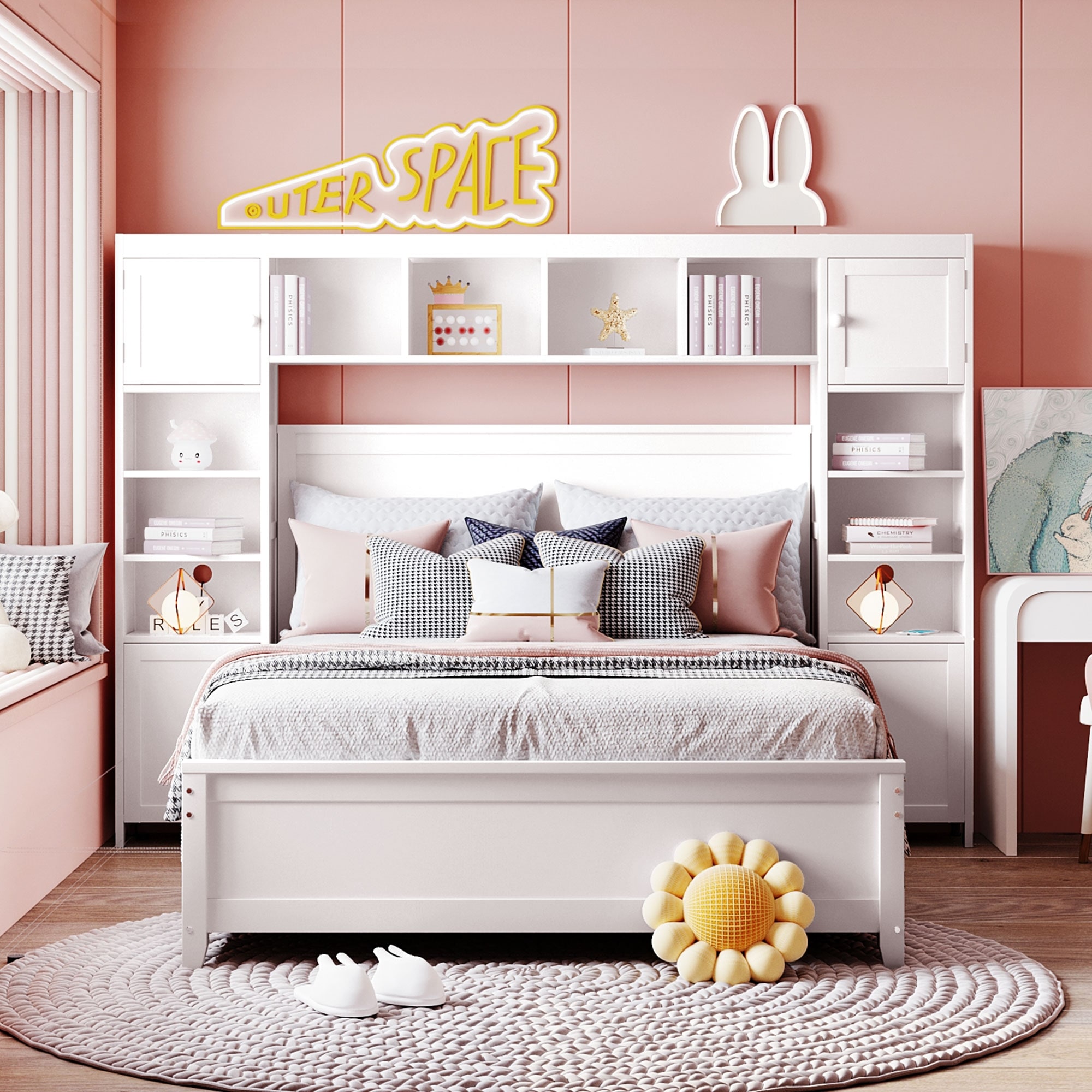 White full bed with storage outlet drawers