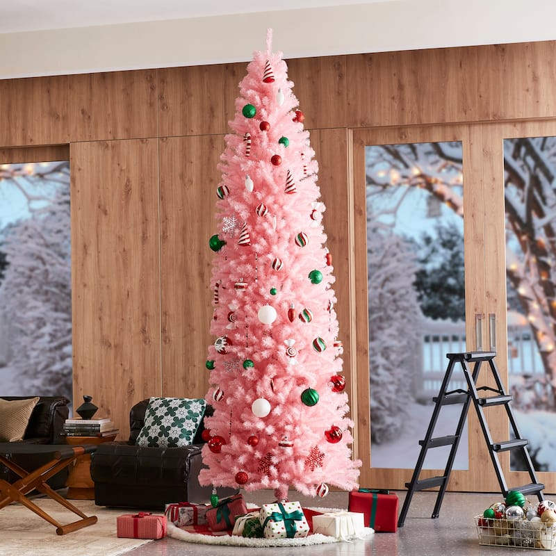 Glitzhome 7.5ft/9ft Shimmering Tinsel Pink Slim Pencil Fir Artificial Christmas Trees