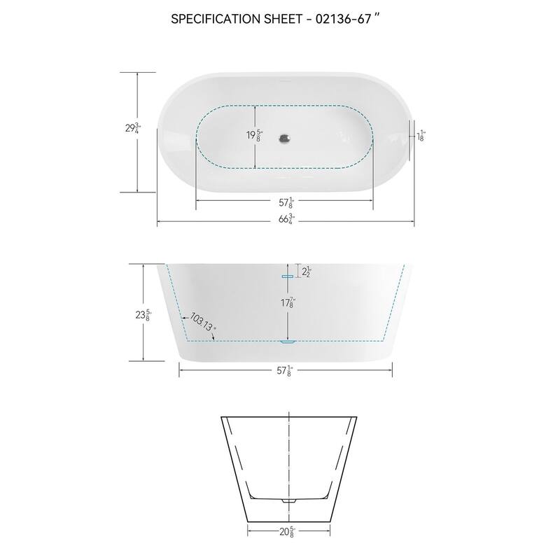 67 in. x 30 in. Acrylic Freestanding Soaking Bathtub with Center Drain in Glossy White
