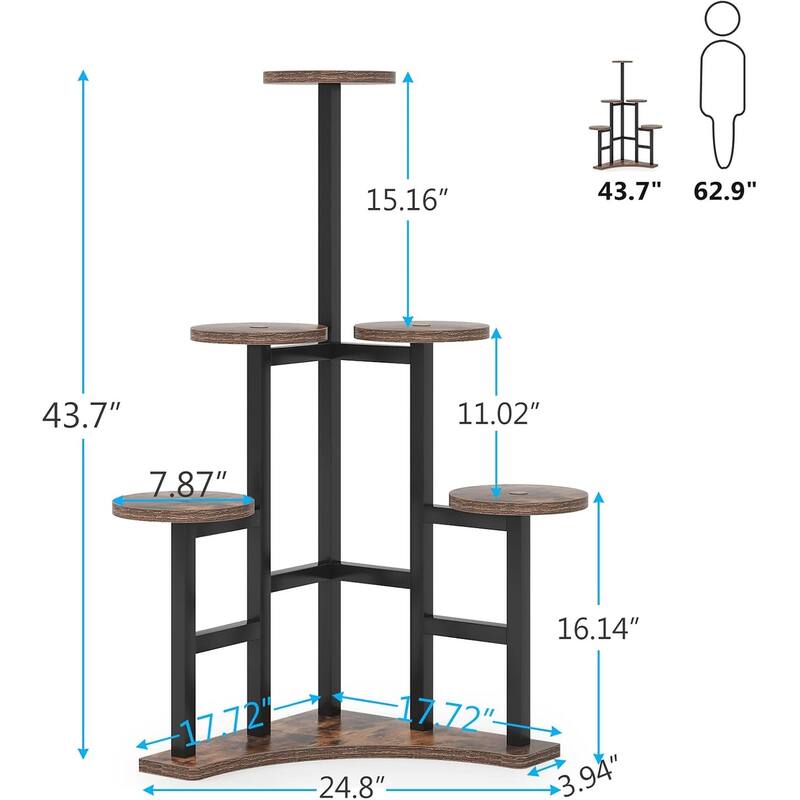 Black-Brown Metal Particleboard 6-Tier Plant Shelf with Round Trays - 17.72” x 17.72” x 43.7”