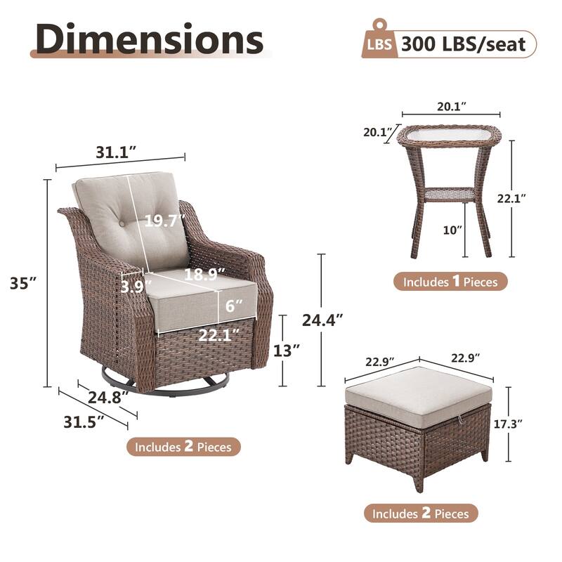 Artisan 5-Piece Wicker Patio Swivel Glider Set with 6-Inch Thick Cushions