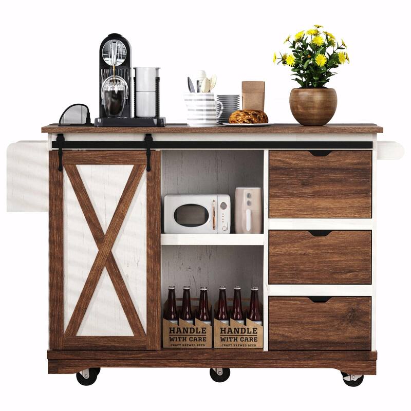 55.5" Farmhouse Kitchen Island with Drop Leaf, Barn Door Storage, Power Outlet