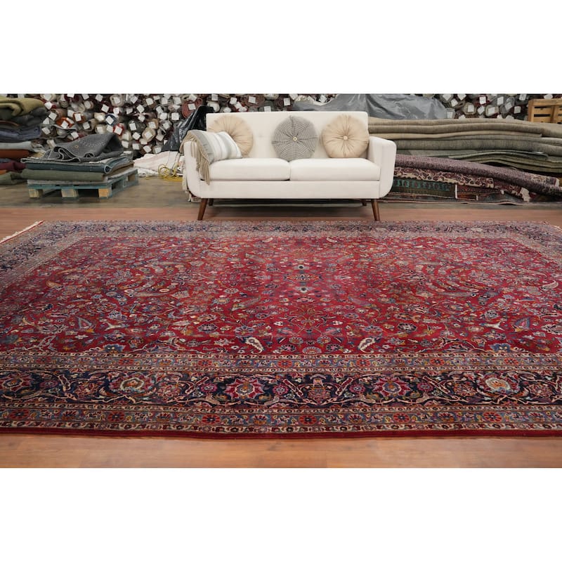 Hand Knotted Oriental 100% Wool Carpet Traditional Floral Red Kashan Area Rug - 13' 4'' X 8' 10''