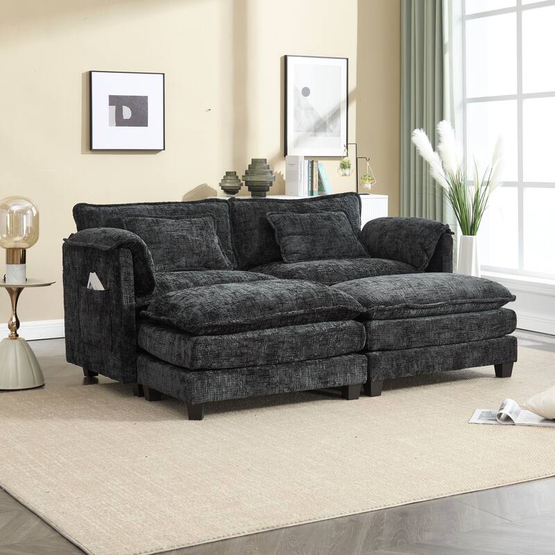 Chenille Sleeper Sofa Bed Deep Seat Loveseat Sectional Couch with Ottomans Chaise Lounge, Detachable Armrests and Side Pockets