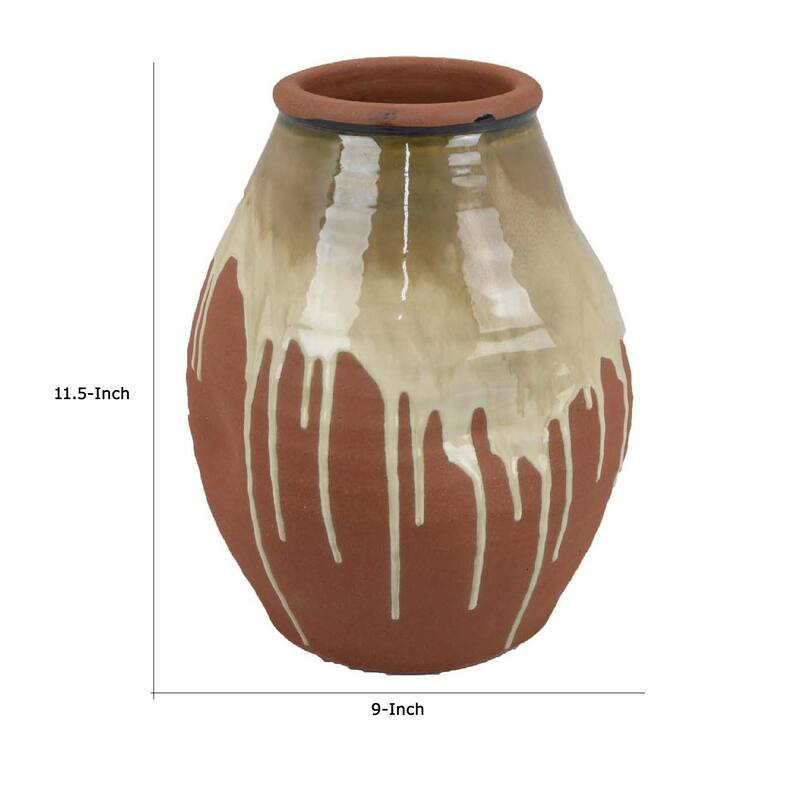 Accent Vase, Ceramic Drip Design Creamy Beige, Brown Ceramic, 12 Inch