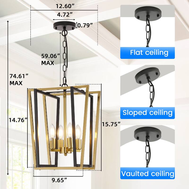 12-Inch Modern Chandelier, 4 Light Lantern Chandeliers Geometric Square Dining Room Lighting Fixtures for Kitchen Islands - N/A
