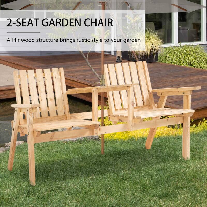 Outsunny Outdoor Patio Wooden Double Chair Garden Bench with Middle Table & Natural Weather-Fighting Materials - 60" x 28" x 31