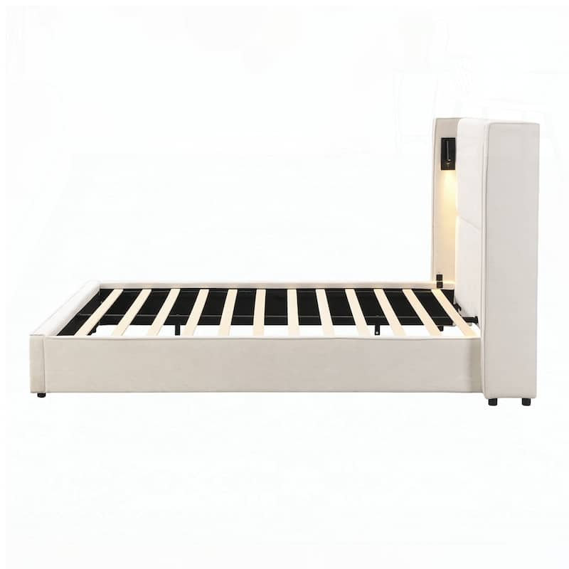 Upholstered Bed Frame with High Wingback Headboard,Reading Lamp and USB port