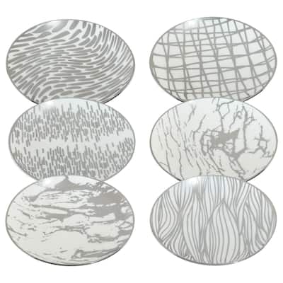 Certified International Matrix Silver Plated 6" Luncheion/Canape Plates Set of 6 Assorted Designs - 6-inch