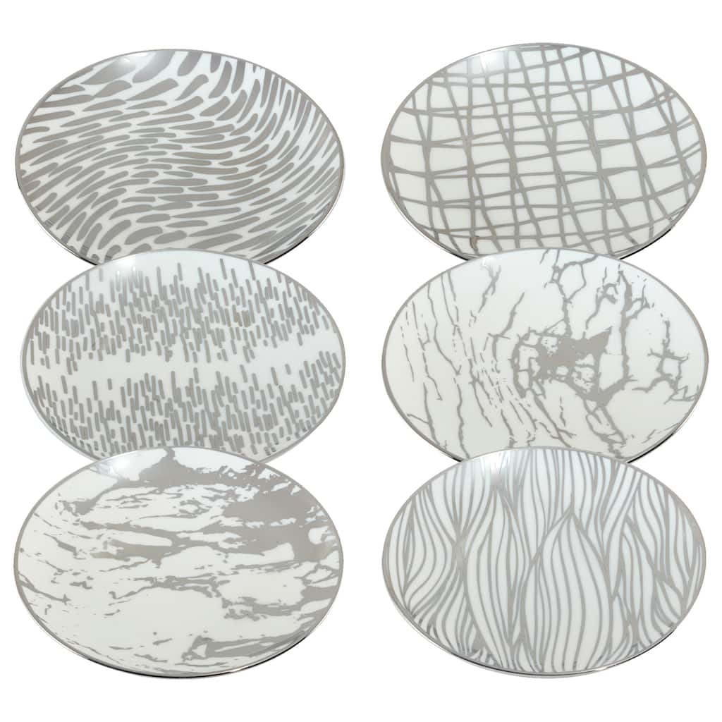 Certified International Matrix Silver Plated 6" Luncheion/Canape Plates Set of 6 Assorted Designs - 6-inch