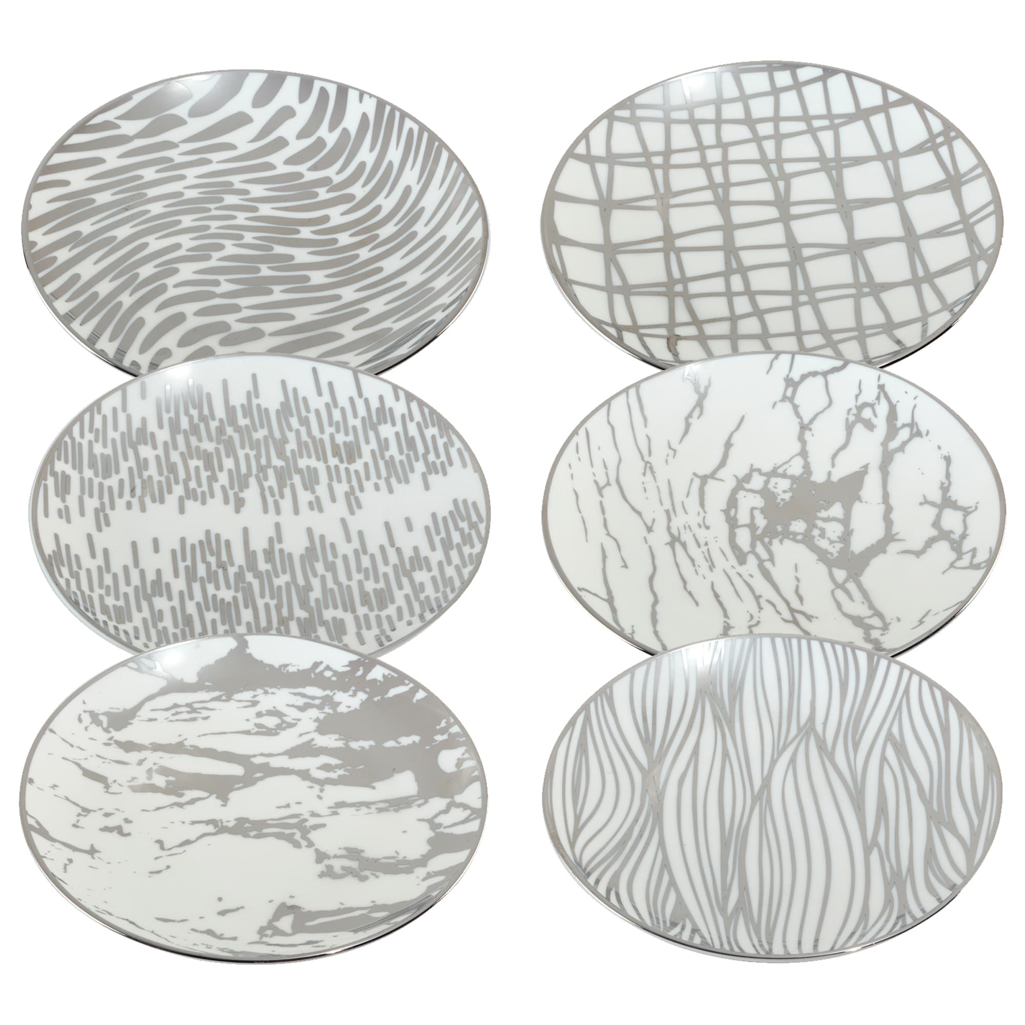 Certified International Matrix Silver Plated 6" Luncheion/Canape Plates Set of 6 Assorted Designs - 6-inch
