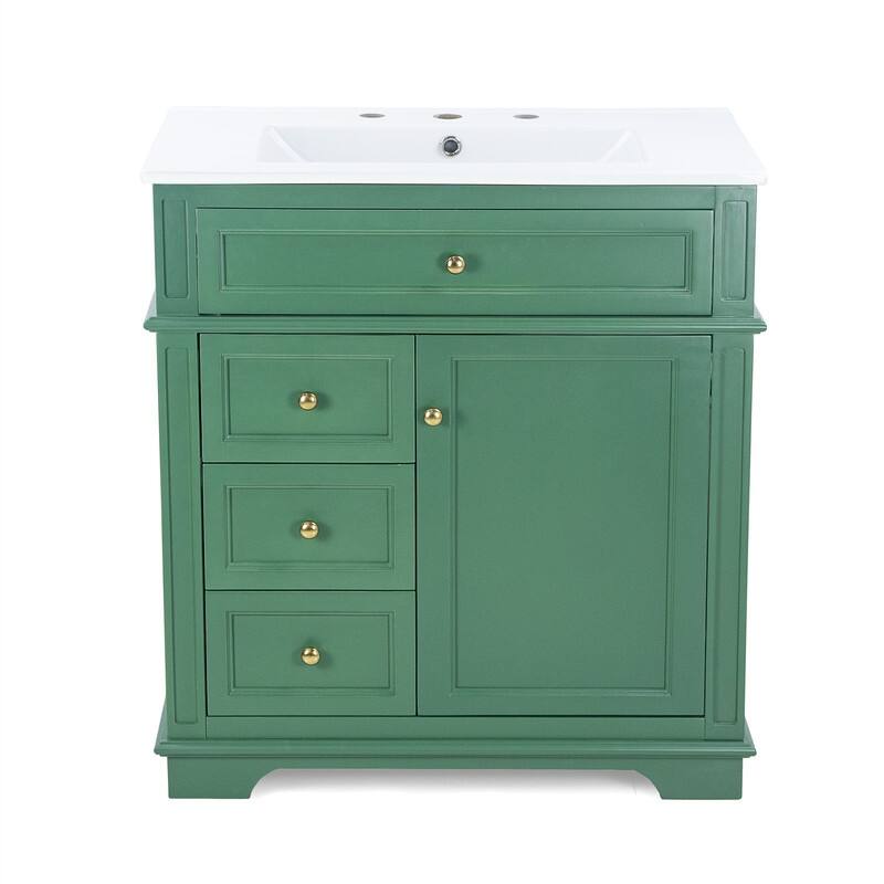 30" Bathroom Vanity with Ceramic Sink, Bathroom Vanity Cabinet with 3 Drawers, 1 Tip-out Drawer, Door Shelf & Soft Closing Door