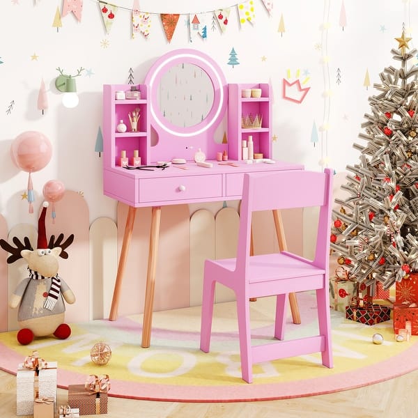 slide 2 of 9, Pink Kids Round Lighted Mirror Vanity Set with 4 Open Shelves and 2 Drawers - 27.5" x 13.5" x 41.5" Kids
