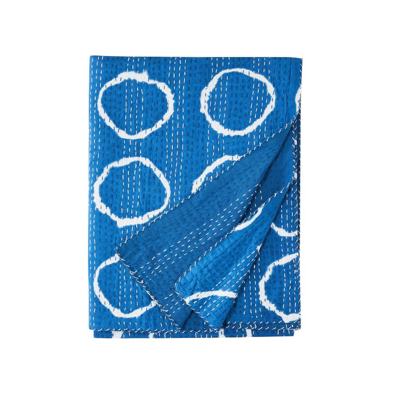 Melange Hand Stitched Kantha Block Print Circle Coverlets and Shams - Throw - Twin - 1 Piece