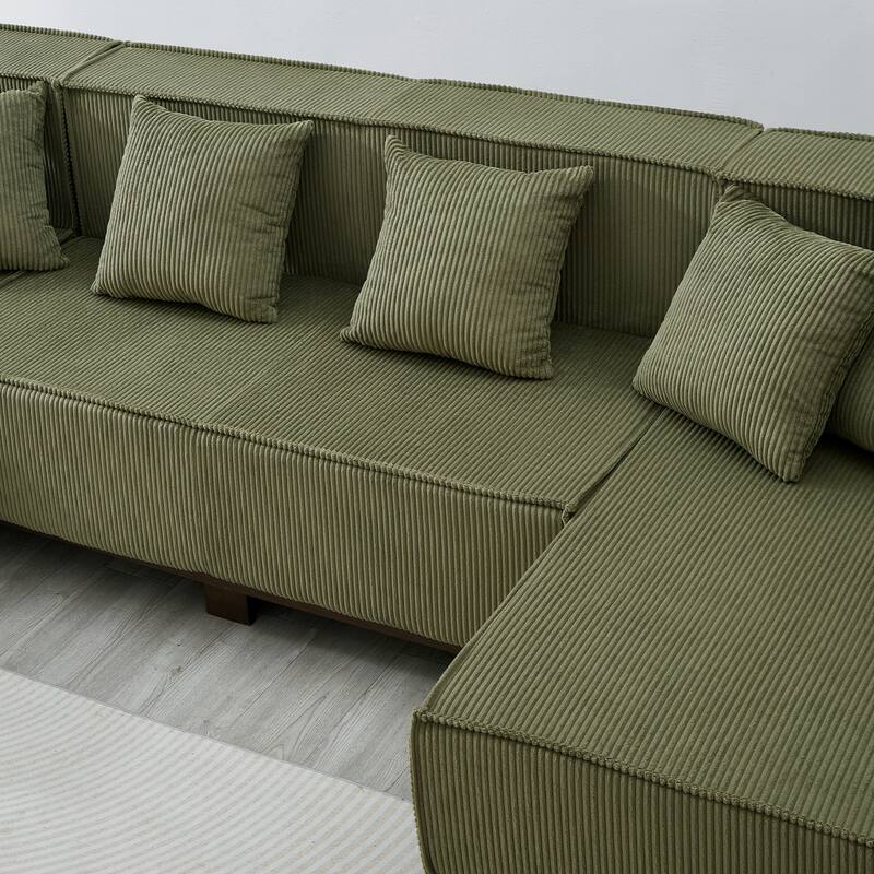 Modern U-Shaped Sectional Sofa Set Stripe Corduroy Upholstered Sofa with Light Strip and 6 Pillows