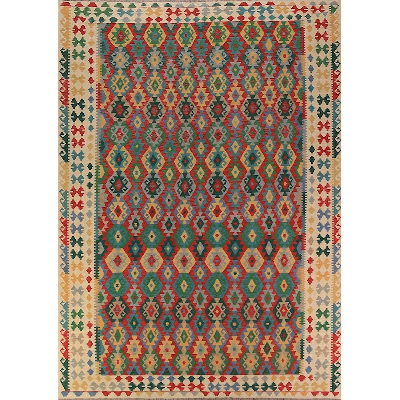Geometric Multi-Color Kilim Reversible Area Rug Flatweave Wool Carpet - 8'0"x 11'3"