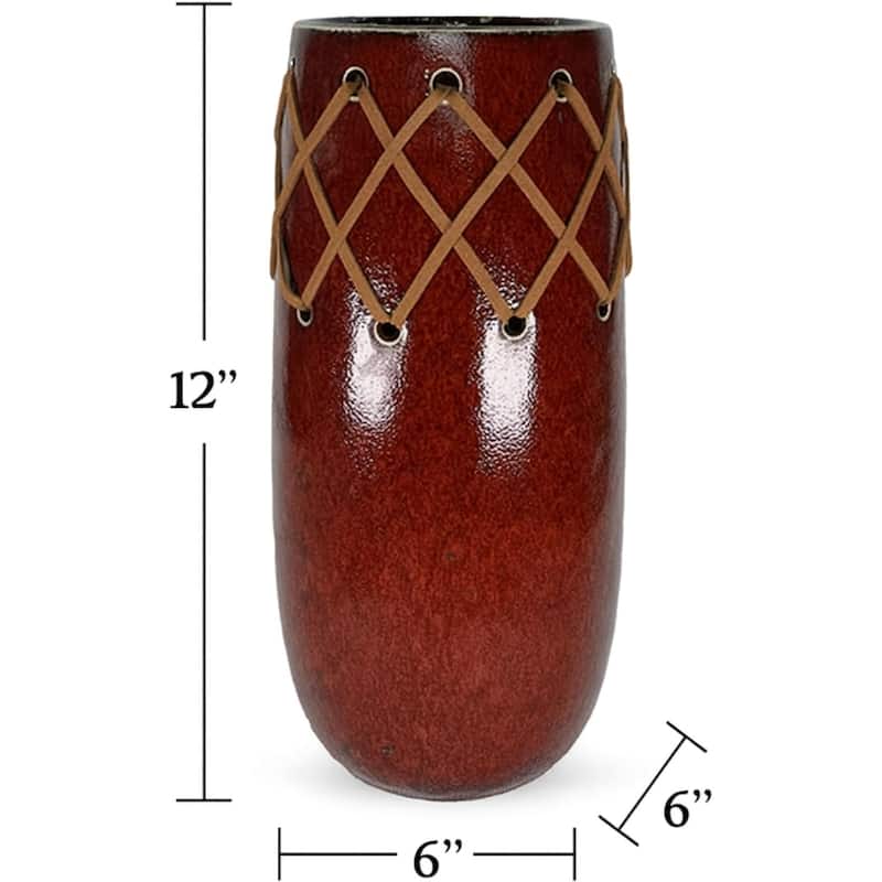 Aria Home Oblong Red Ceramic Vase With Leather Stitch Santa Fe Art