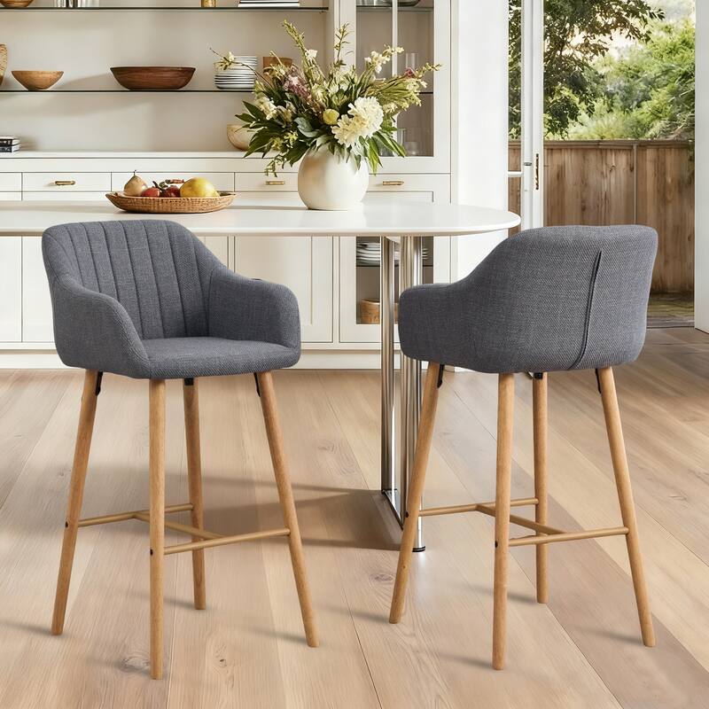 Modern Bar Stools Set of 2 with Back, Arm & Footrest, Linen Upholstered Kitchen Island Chairs