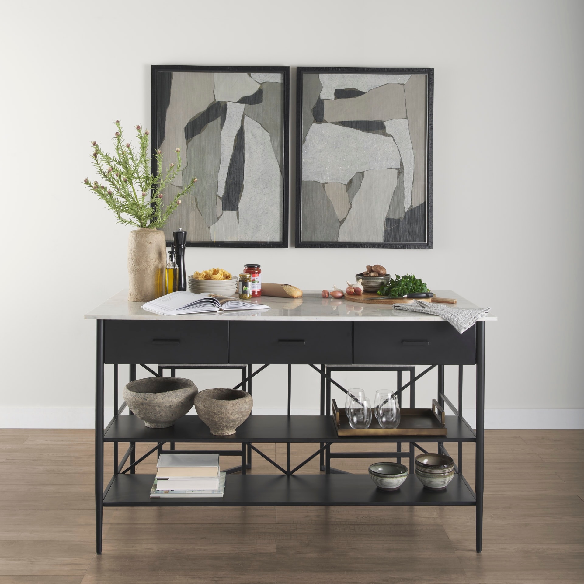 Mercana Amika White Solid Marble Top with Black Metal Base Kitchen Island