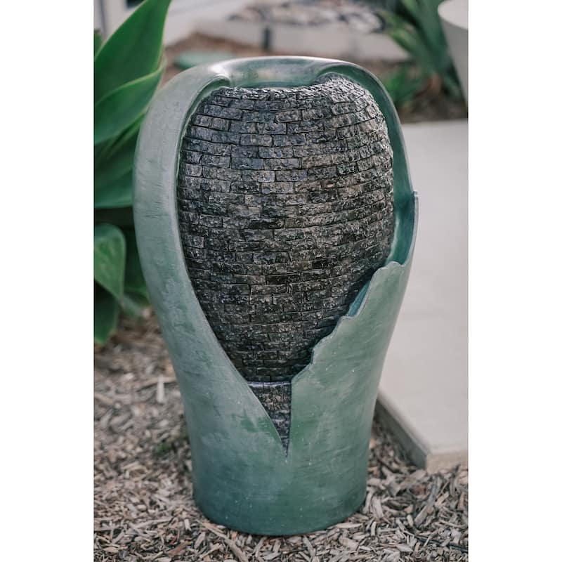 XBrand 25" Tall Modern Round Broken Egg Shell Jar Waterfall Fountain w/LED & Auto Shut Off Pump, Indoor/Outdoor Decor, Turquoise