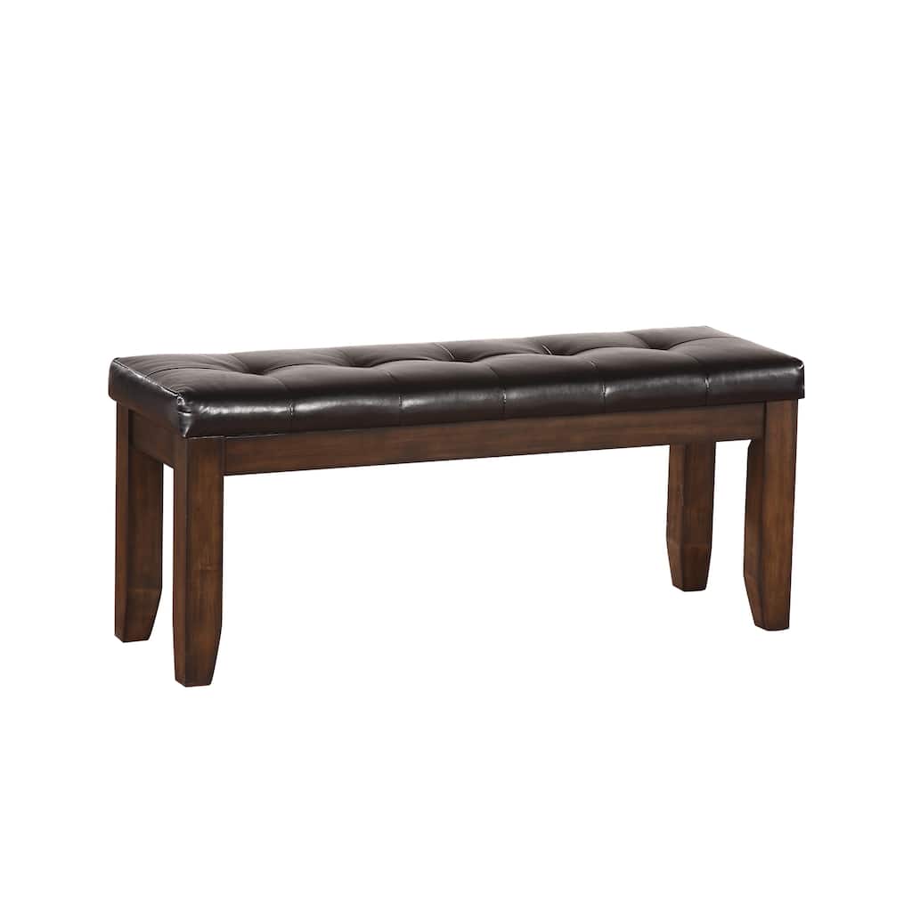 Leatherette Upholstered Tufted Wooden Bench with Chamfered Legs, Brown - 19.5 H x 17 W x 48 L Inches