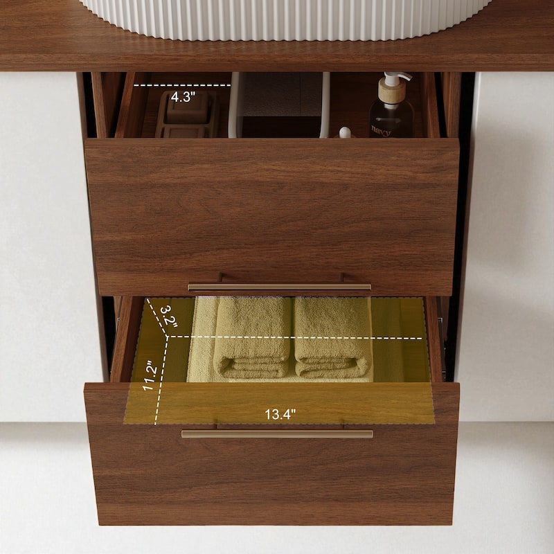 39.4" Floating Bathroom Vanity with Oval Ceramic Sink Soft-Close Drawers Open Shelves Solid Wood Cabinet