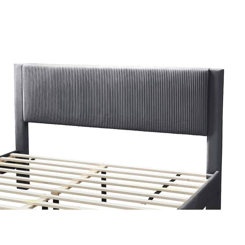 Queen Size Corduroy Platform Bed with Storage Drawer and Channel-Tufted Headboard and Contemporary Design