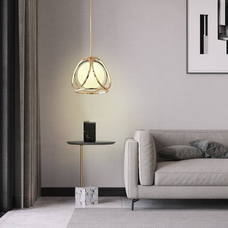 Elegant 1 - Light Gold Pendant with Encircled White Glass - Brushed Gold