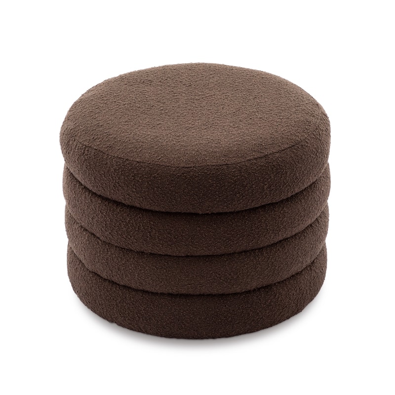 Boucle Fabric Round Storage Ottoman Footstool with Wooden Shelving
