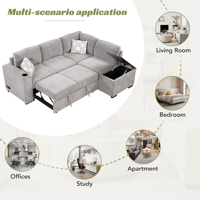 83.8" Sectional Pull-Out Sofa Bed L-Shaped Corner Sofa Couch with Storage Chaise, USB Ports, Power Sockets, Cup Holder for Livin
