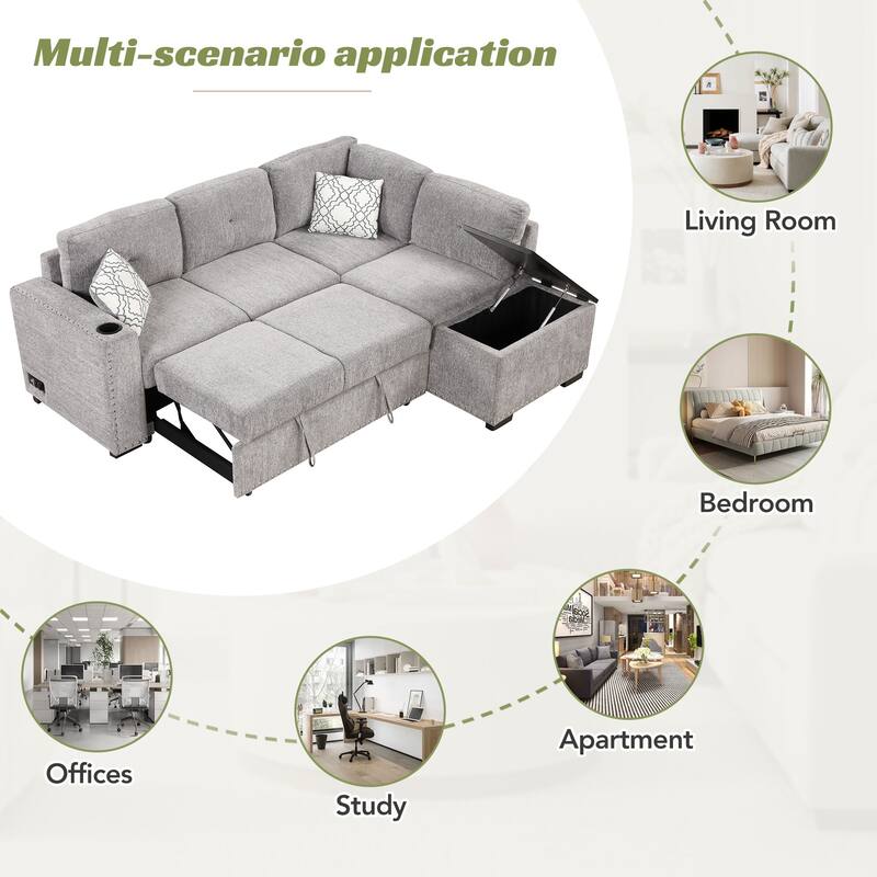 83.8'' L-Shaped 4-Seat Sectional Sofa with Pull-Out Bed, Storage Chaise, USB Ports, Power Sockets, and Cup Holders