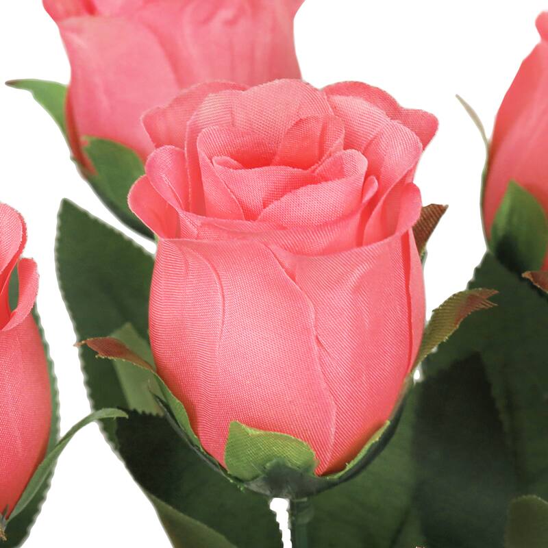 Set of 2 Coral Artificial Rose Bud Flower Stem Bush Bouquet 19.5in - 19.5" L x 12" W x 12" DP