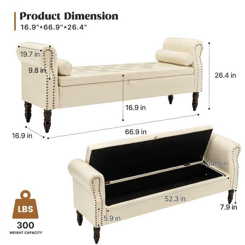 HOMYKA 66.9" Tufted Storage Bench with Rolled Arms Ottoman Long Bench