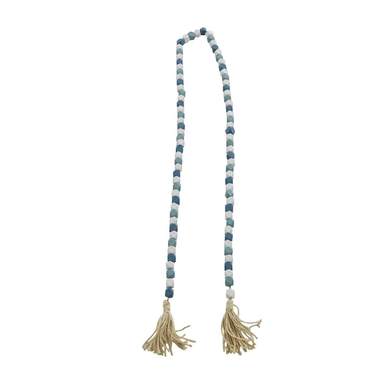 Mango Wood Handmade Hexagon Carved Geometric Long Beaded Garland with Tassel - Roche River Decor