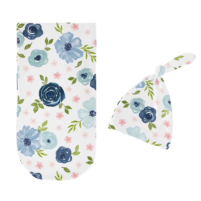 Watercolor Floral Collection Girl Baby Cocoon and Beanie Hat Sleep Sack - 2pc Set - Navy Blue Pink Boho Shabby Chic Rose Flower