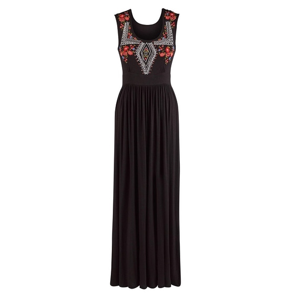 Women's Maxi Dress - Avie Embroidered Black Sleeveless Dress