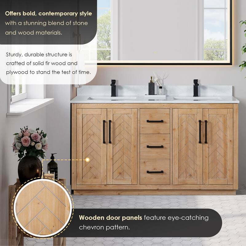 Anais 3Single Bathroom Vanity in Light Brown with Grain White Engineered Stone Countertop without Mirror