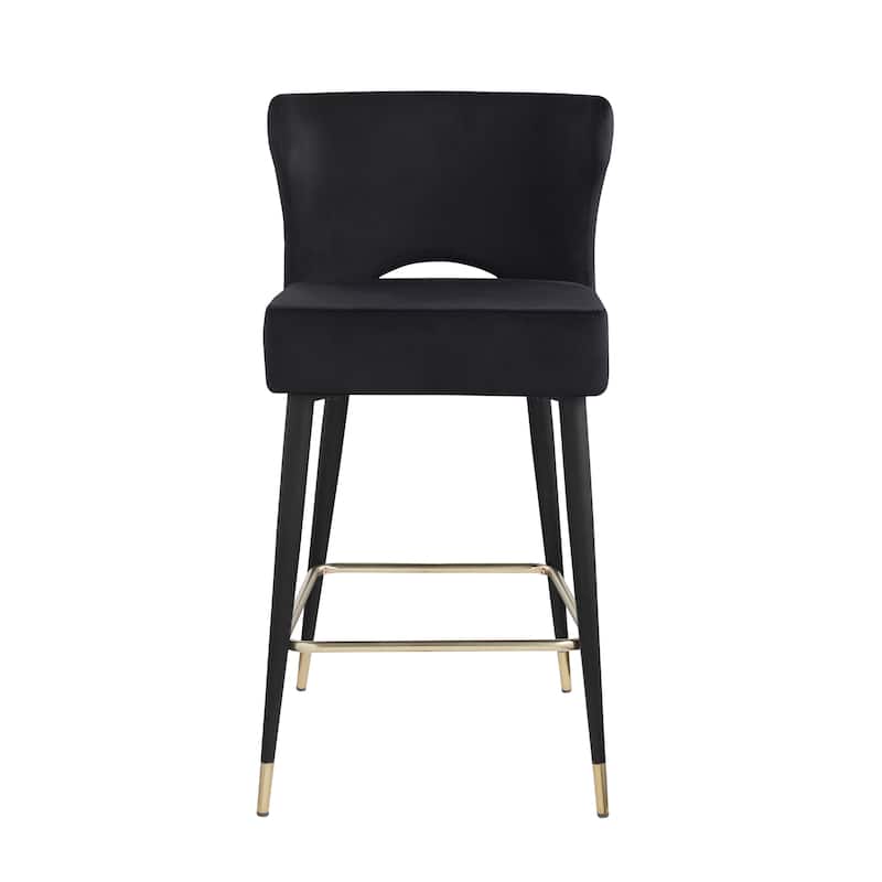 Contemporary Velvet Upholstered Counter Height Stool with Gold Tipped, Black Metal Legs, 22" W x 19" D x 38.5" H