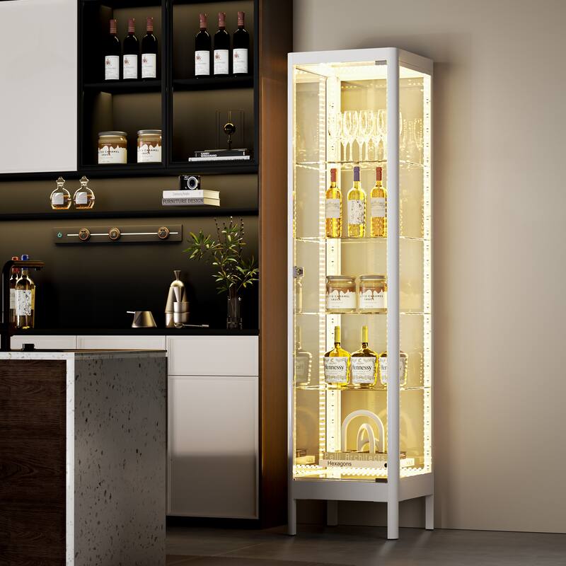 5-Tier Tempered Glass Curio Display Cabinet with Adjustable Shelves - 63"H x 15.4"W x 15.8"D