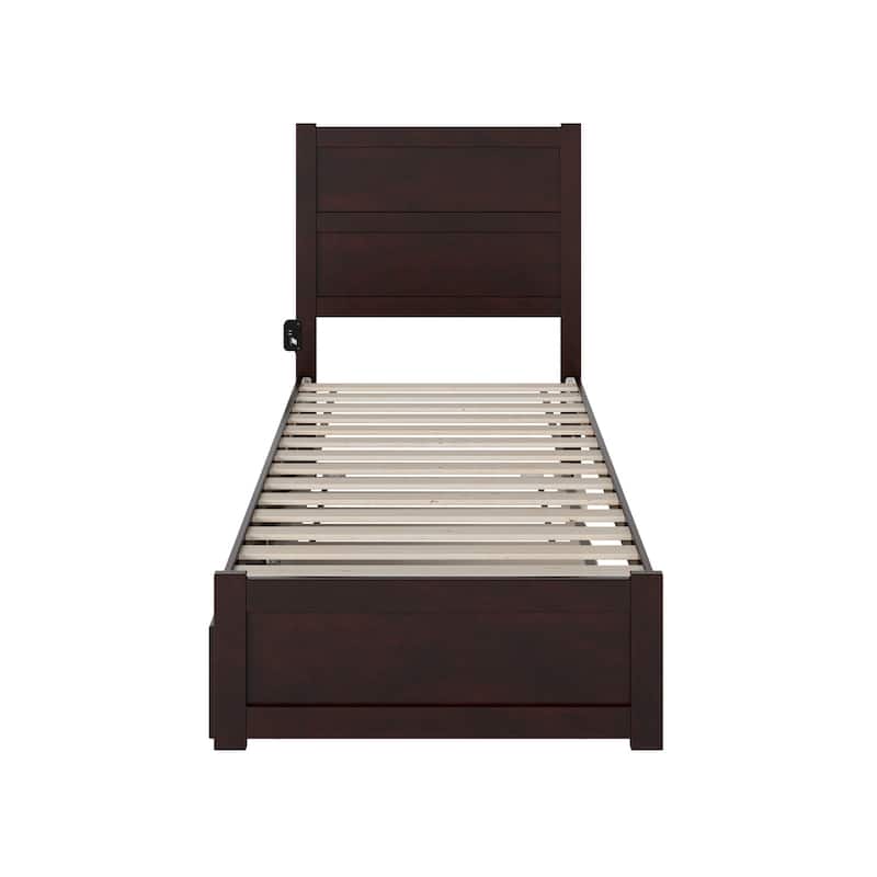 Twin XL Bed with Trundle & Charging Station - Espresso Modern Platform Bed Frame & Slat Kit