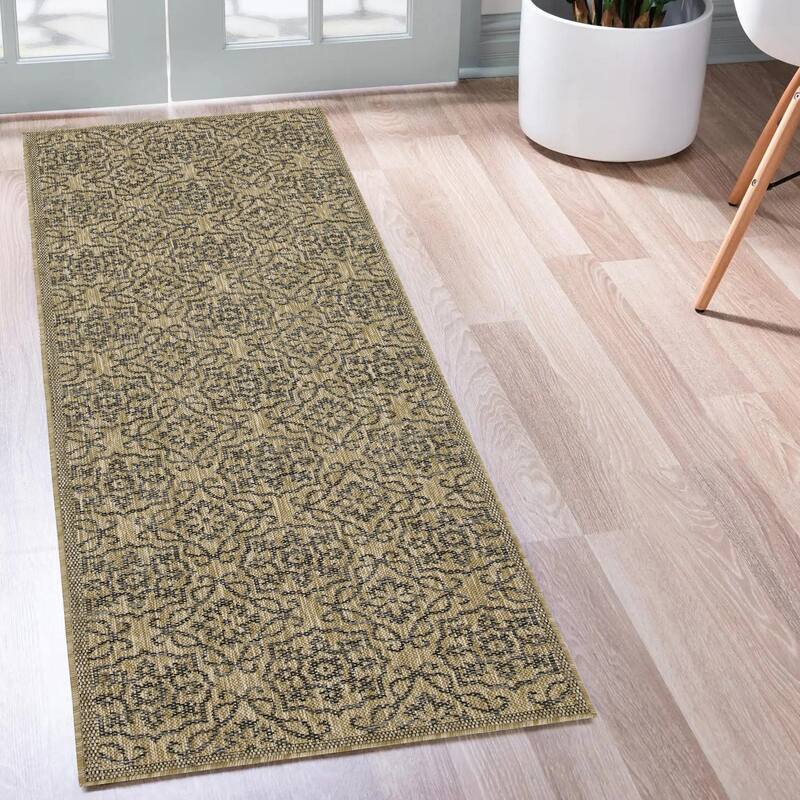 Indoor/Outdoor Area Rug/ Runner/ Doormat- Blue & Natural & Red & Taupe Color -Machine Washable, Weather and UV Resistant-Eliza
