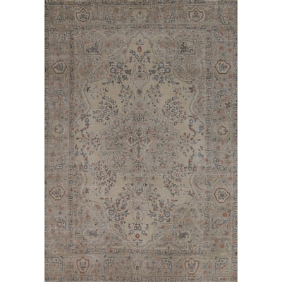 Floral Tabriz Persian Vintage Area Rug Beige Handmade Wool Carpet - 6'7" x 9'4"