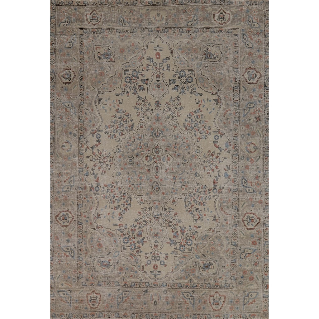 Floral Tabriz Persian Vintage Area Rug Beige Handmade Wool Carpet - 6'7" x 9'4"