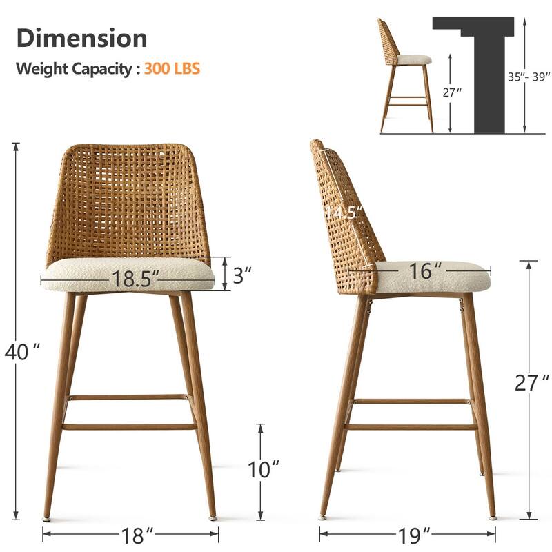 27" Upholstered Boucle Rattan Full Back Counter Stool (Set of 4)